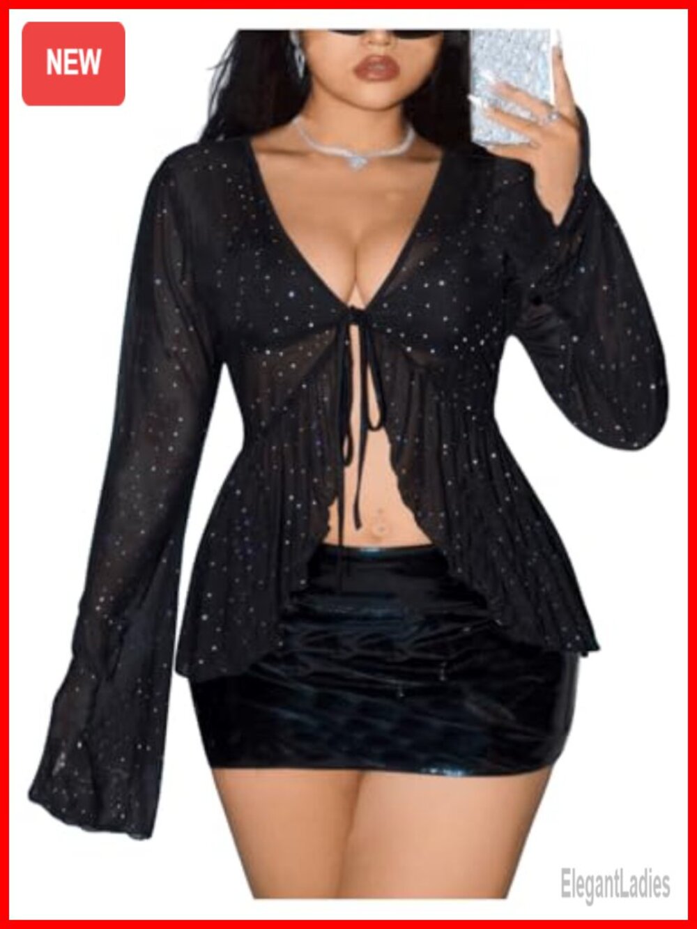 Women's Plus Size Sheer Mesh Sequin Tie Front Top